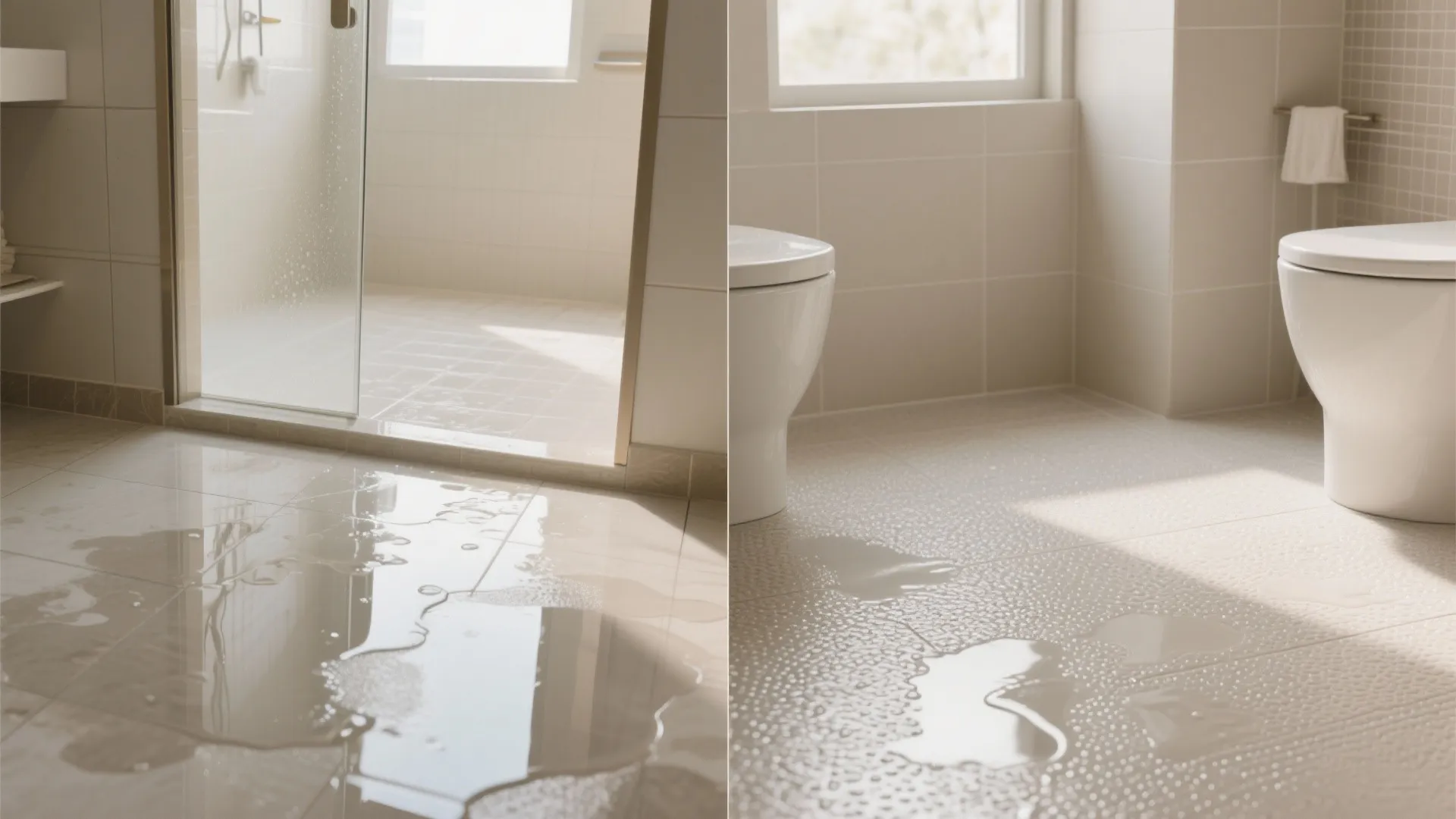 Before and after comparison of wet slippery bathroom floor tiles versus dry non slip safety floor