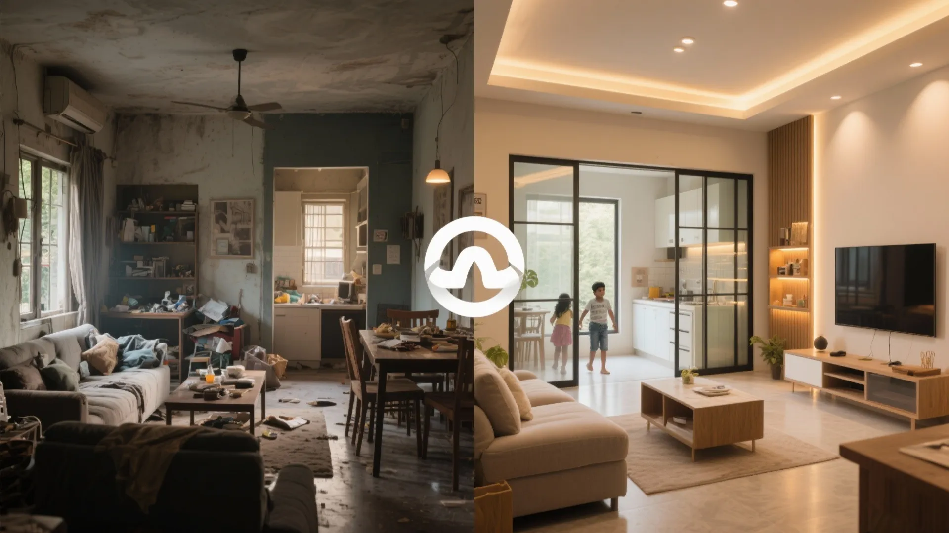 Before-after of Mumbai 3 BHK living-dining: cluttered room vs organized open plan with sliding partitions and layered lighting.