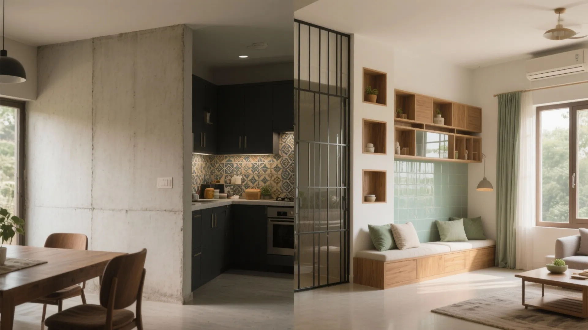 Before and after comparison showing a dark small kitchen and a bright modern living area