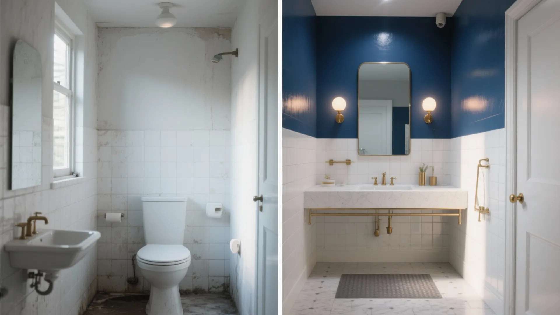 Before-and-after comparison of a dirty old bathroom versus a modern blue and white renovated bathroom