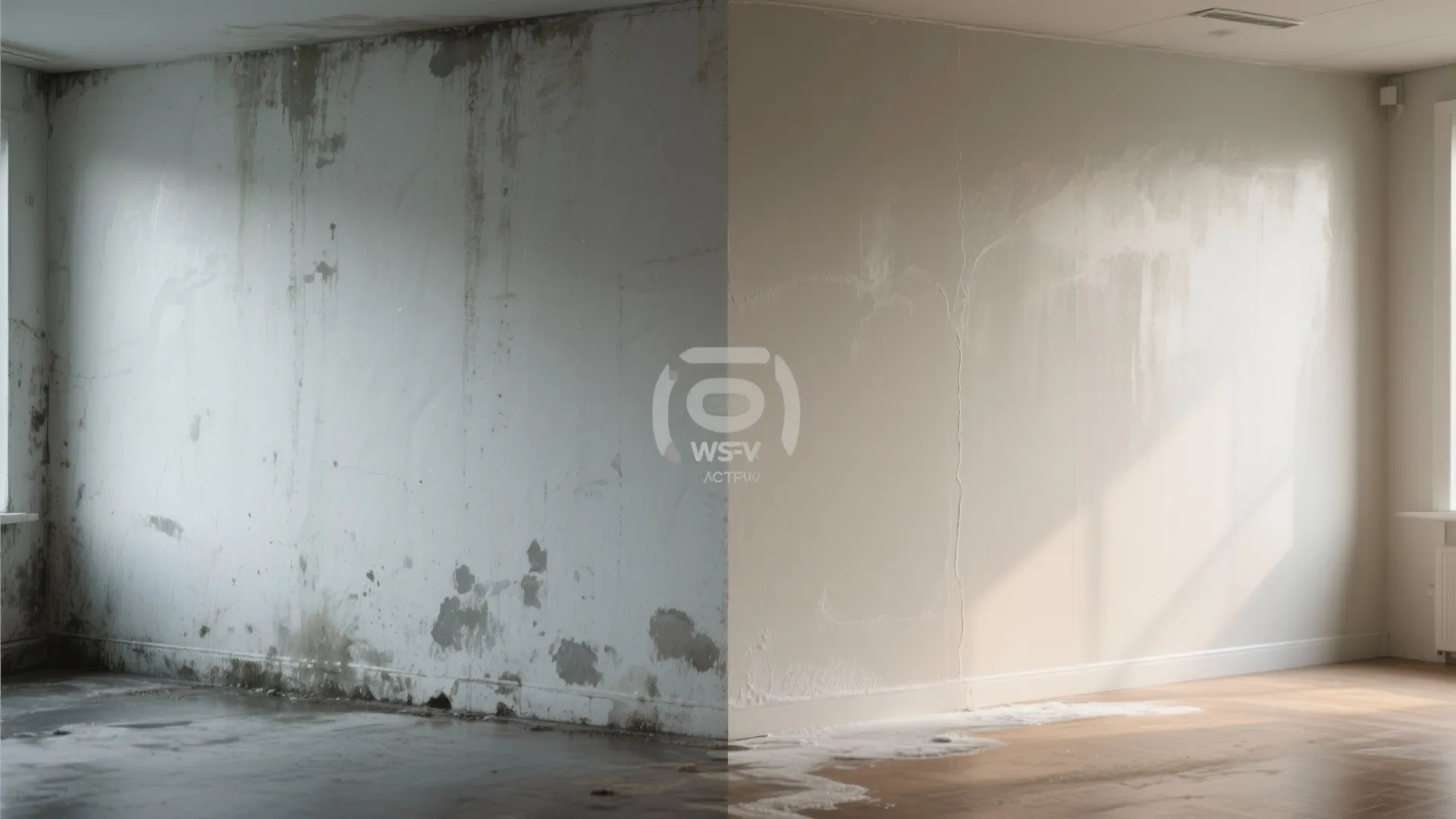 Side-by-side before and after of a wall: scuffed and stained then cleaned or touched-up to a fresh finish.