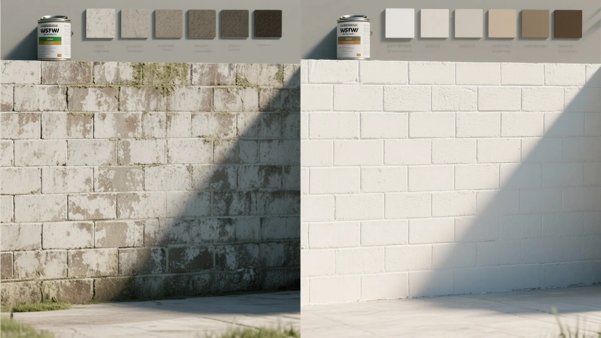 Before-and-after split of a concrete block wall showing raw stained block and a finished primed and painted surface.