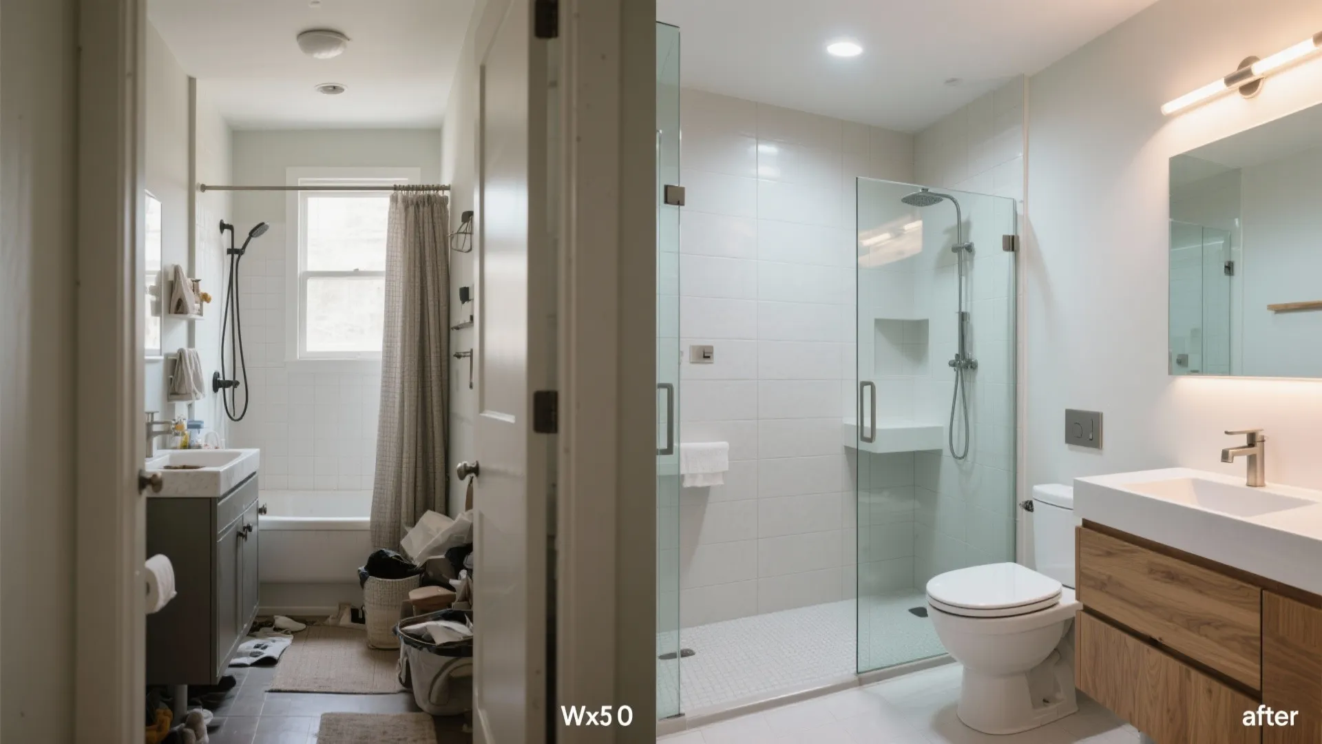 Before and after comparison of a messy old bathroom versus a clean modern renovated bathroom