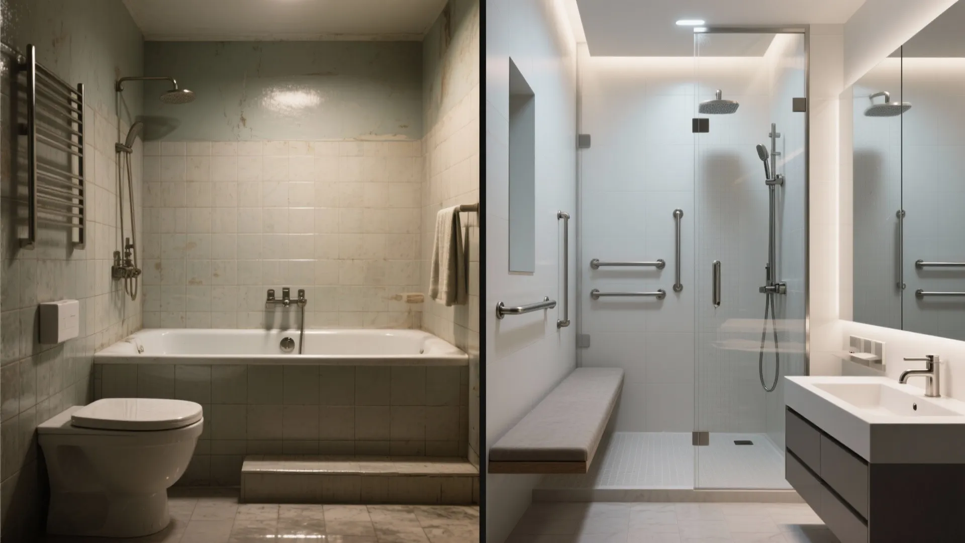 Before and after comparison of old bathroom with bathtub versus modern walk-in shower with seat