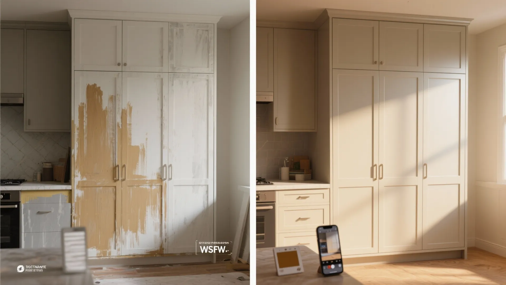 Before-and-after comparison of a cabinet showing brushed finish versus a smooth sprayed finish with testing tools visible.