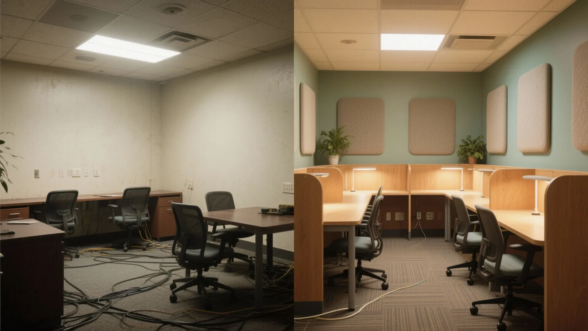 Before and after comparison of messy dark office room versus organized bright modern study cubicle space