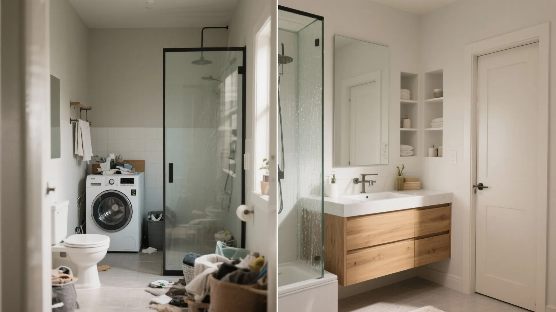 Before and after comparison showing a messy laundry room transformed into a clean organized bathroom