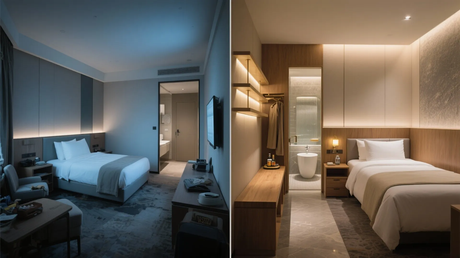 Before-and-after comparison showing a dark bedroom next to a bright modern hotel room with warm lighting