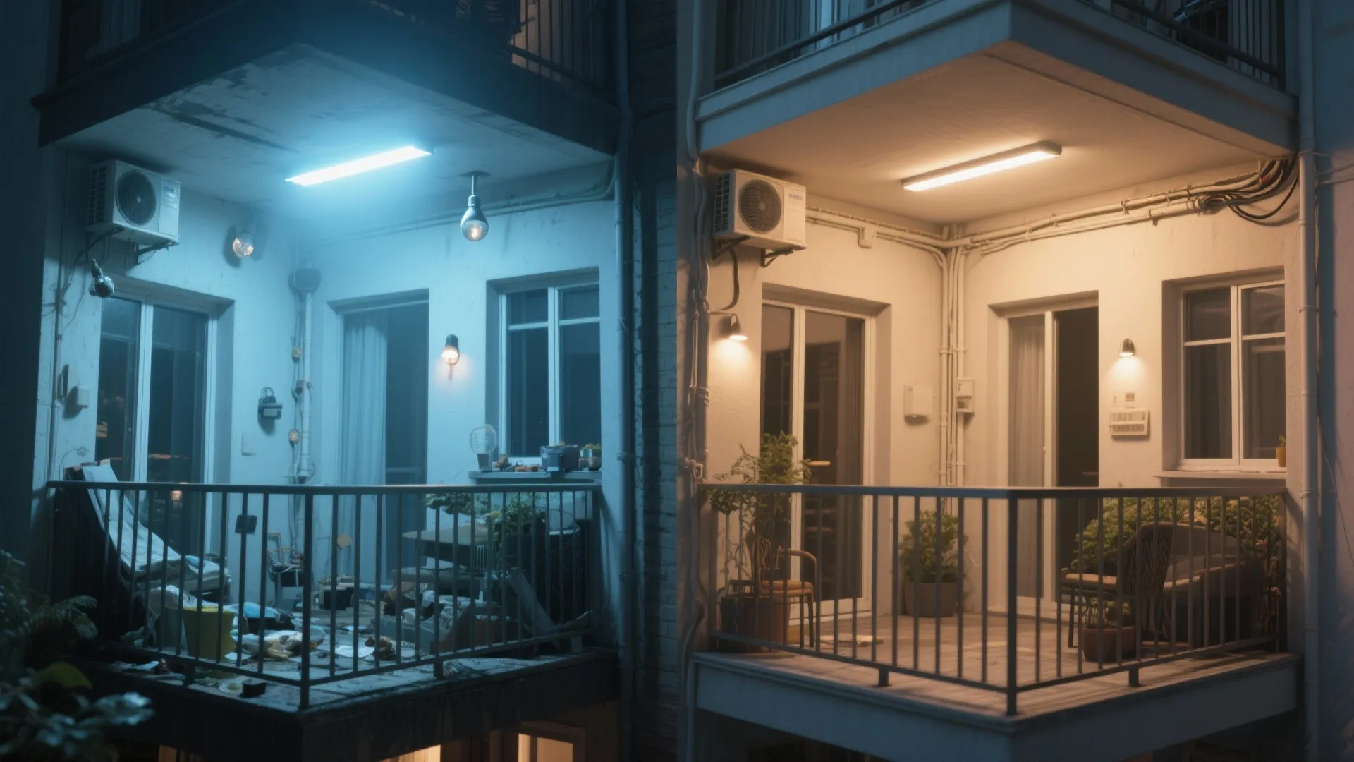 Split-screen balcony showing poor cool glare lighting versus warm layered, shielded lighting after.