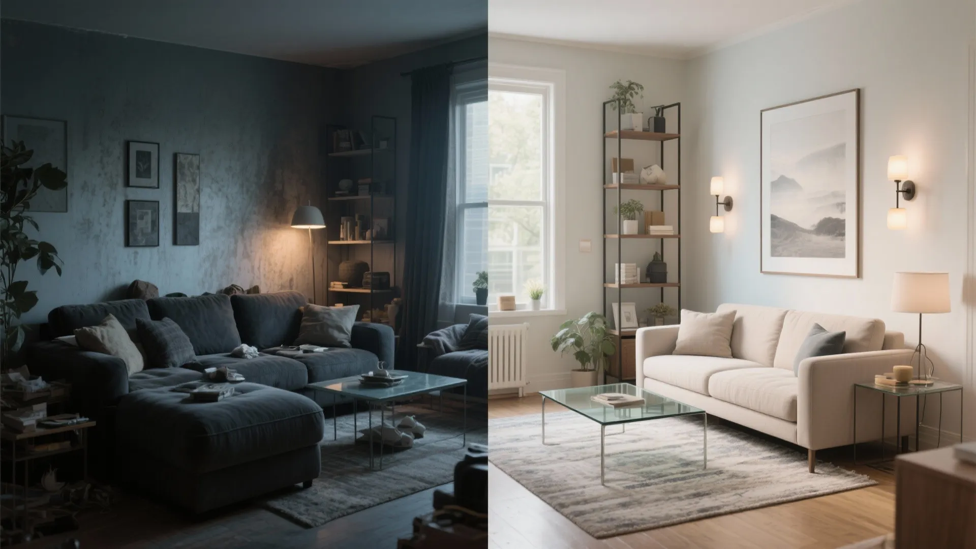 Before-and-after comparison of a small living room from bulky and dark to bright and streamlined.