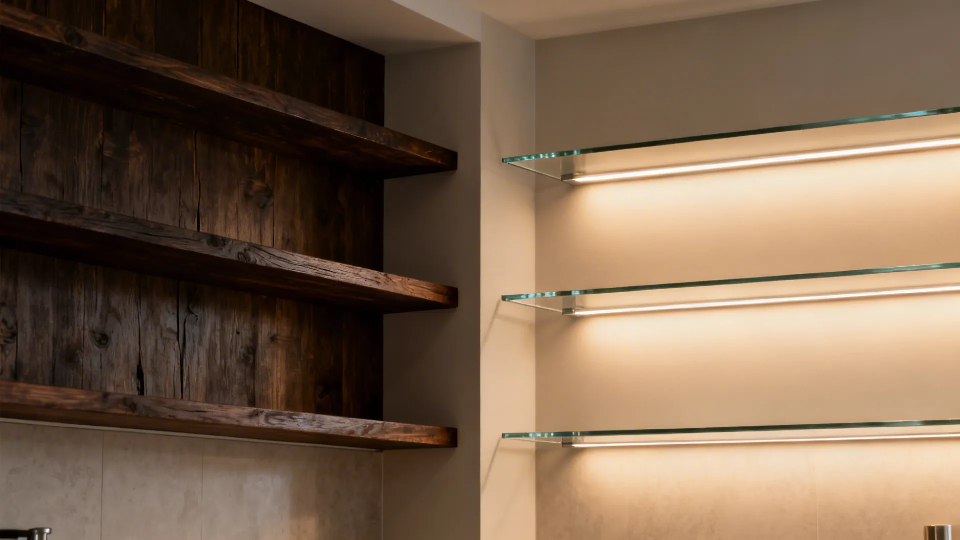 Before-and-after wall unit comparison from wood shelves to illuminated glass shelves in a compact kitchen.