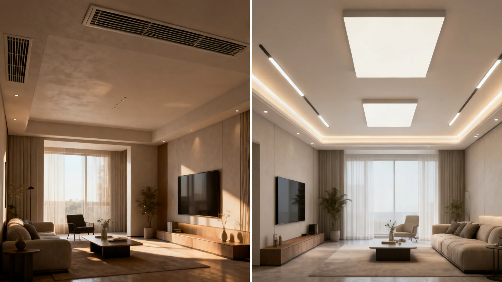 Before-and-after of a living room ceiling, from cluttered to minimalist with soft lighting.