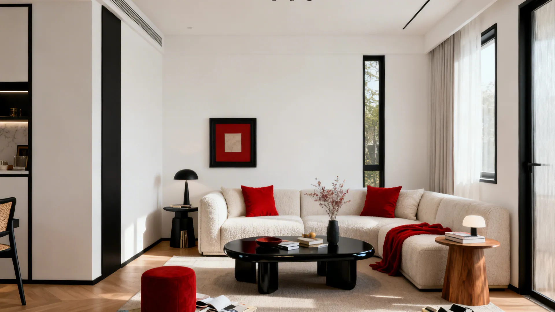 Before-and-after small living room showing a shift to warm whites, matte blacks, and thoughtful red accents.