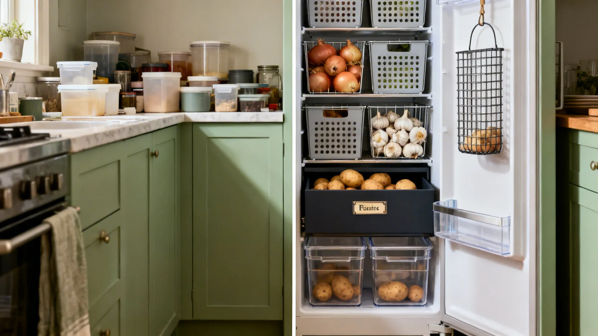 Before-and-after of a tiny kitchen corner showing clutter replaced by ventilated bins, dark drawer storage, and hanging baskets.
