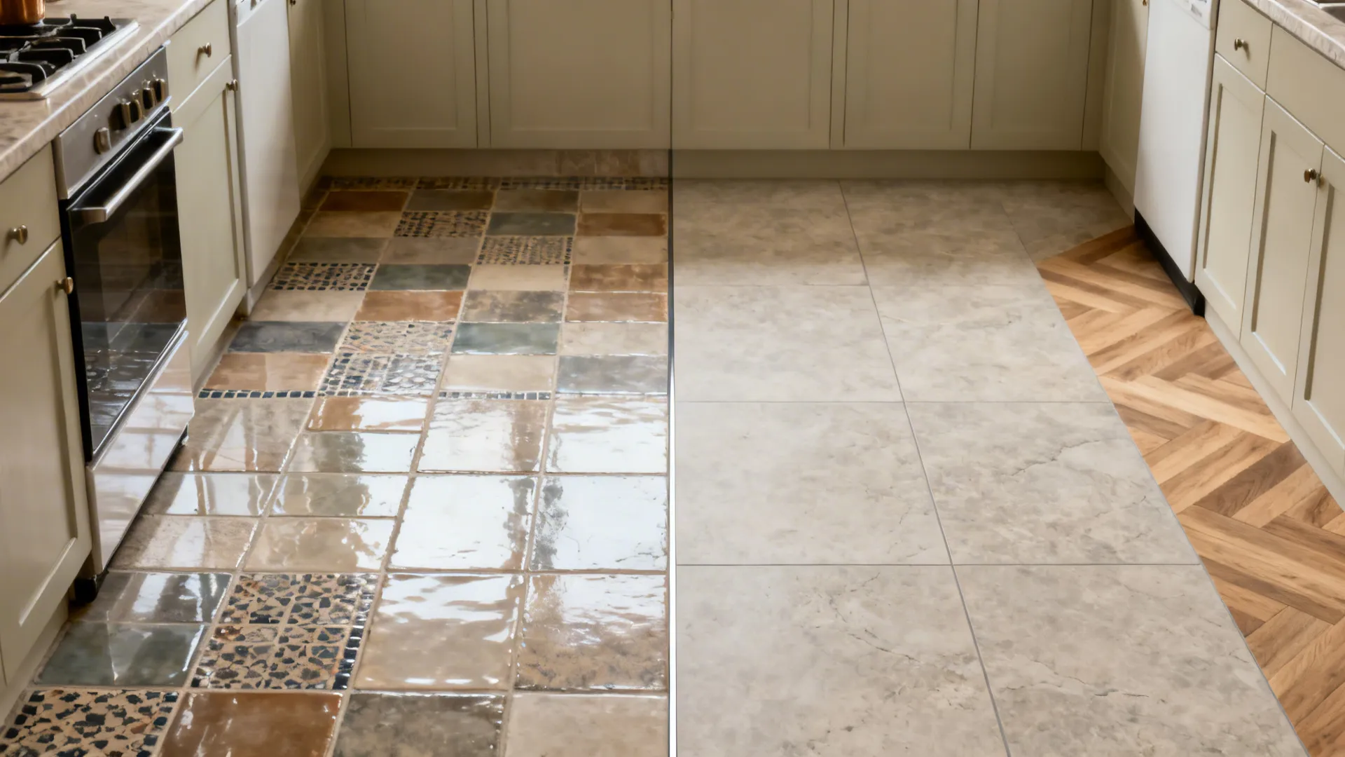 Before-and-after small kitchen floors comparing cluttered glossy tile to calm modern porcelain.