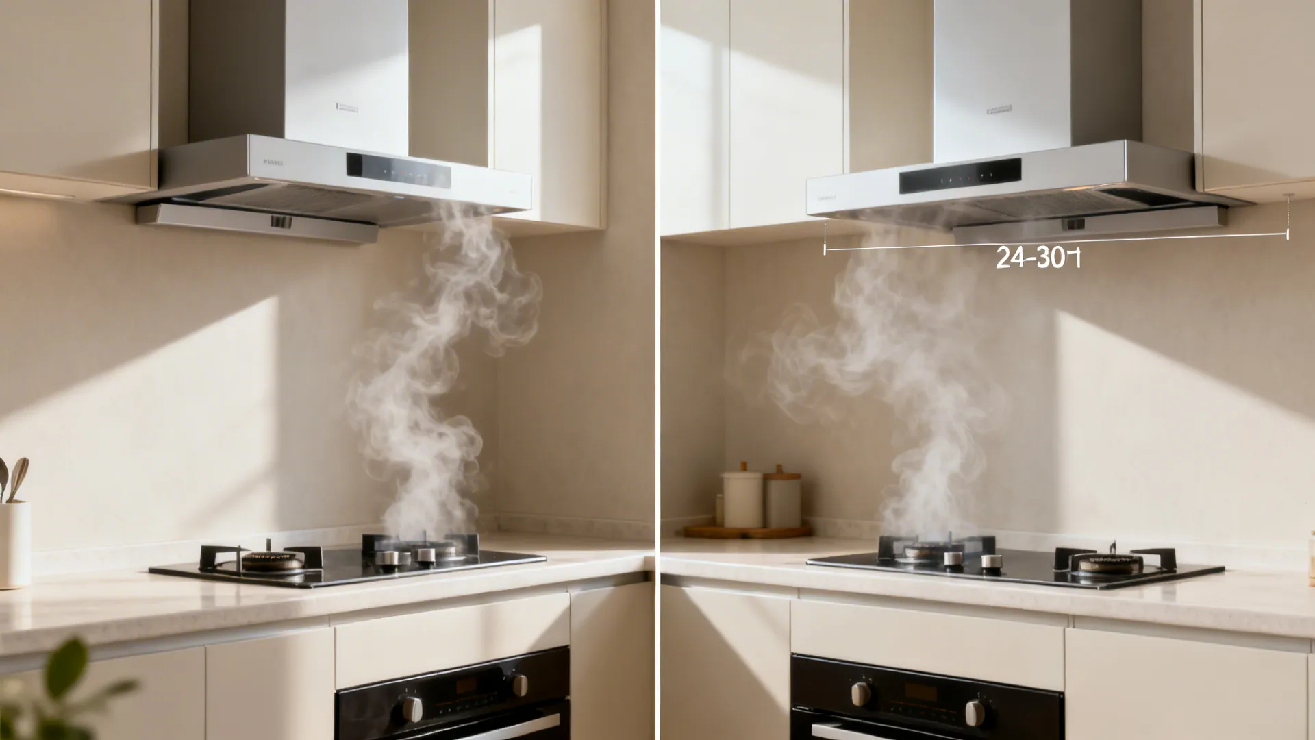 Split view of a small kitchen showing incorrect and correct wall hood heights.