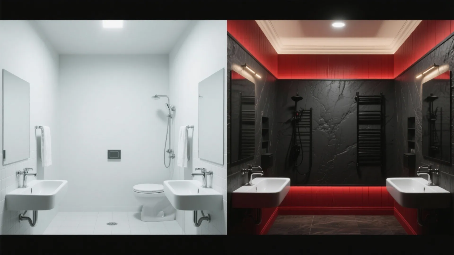 Side by side view of white bathroom compared to dark black and red room layout