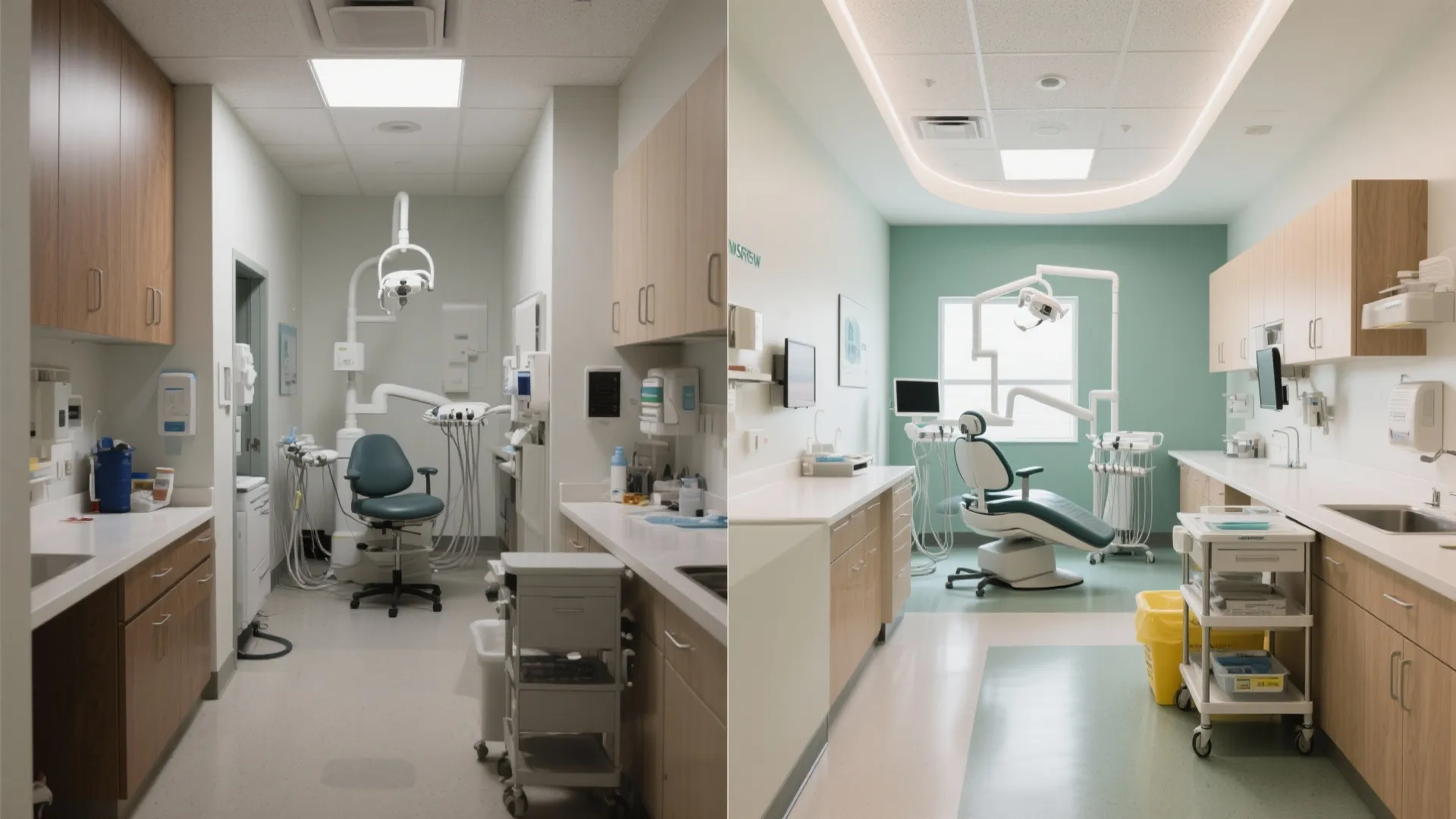 Before and after comparison of a dental clinic interior design upgrade with better ceiling light