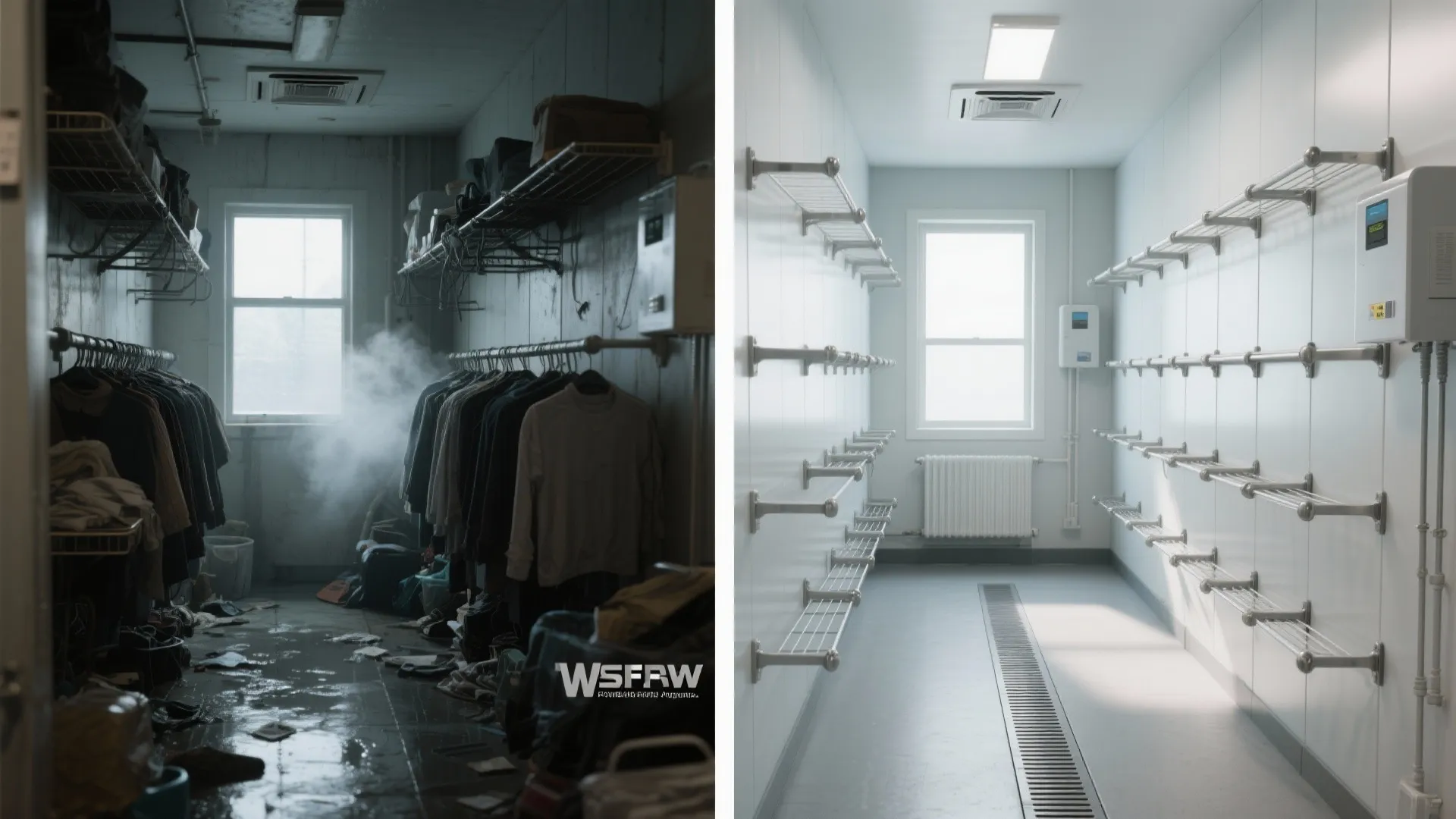 Comparison between a messy dark storage room and a clean bright white organized laundry space