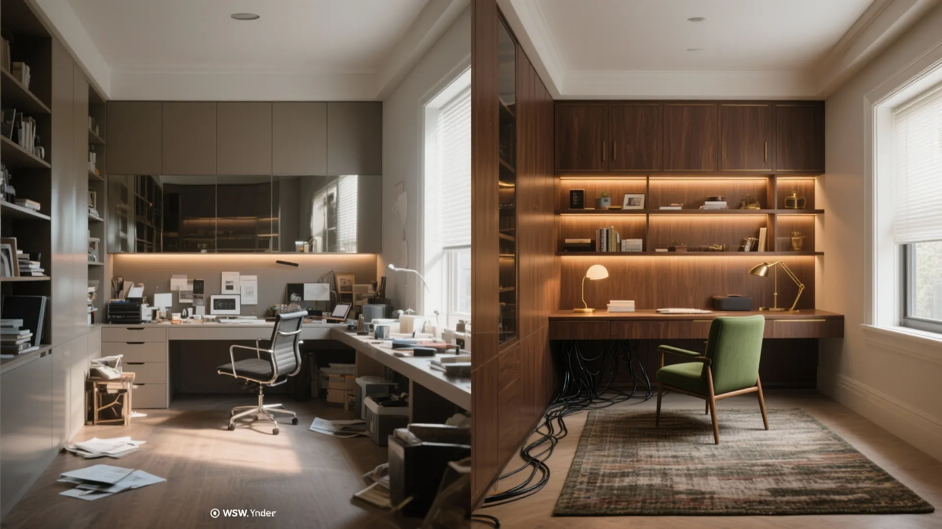 Before and after comparison of a messy home office versus a clean organized workspace with lighting