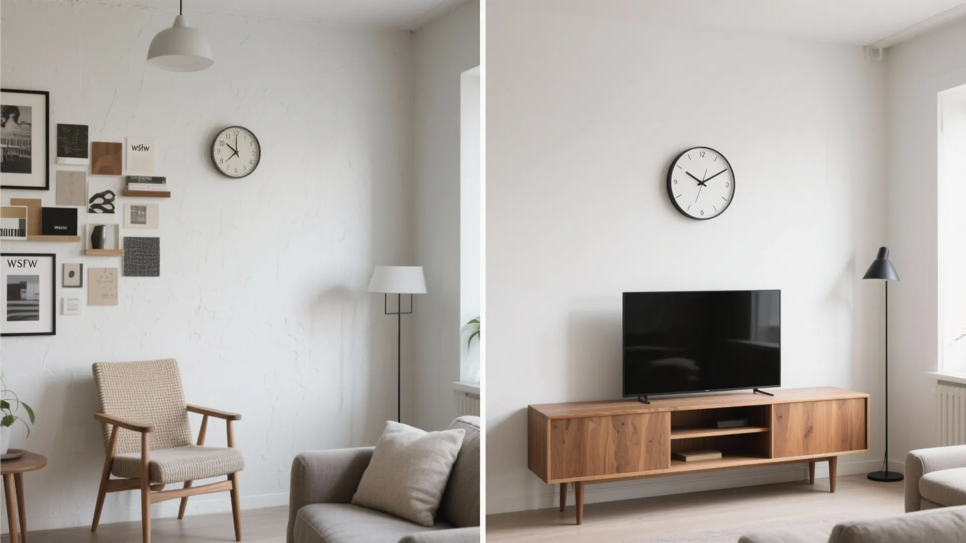 Before and after comparison of a busy decorated wall versus a clean minimalist television area