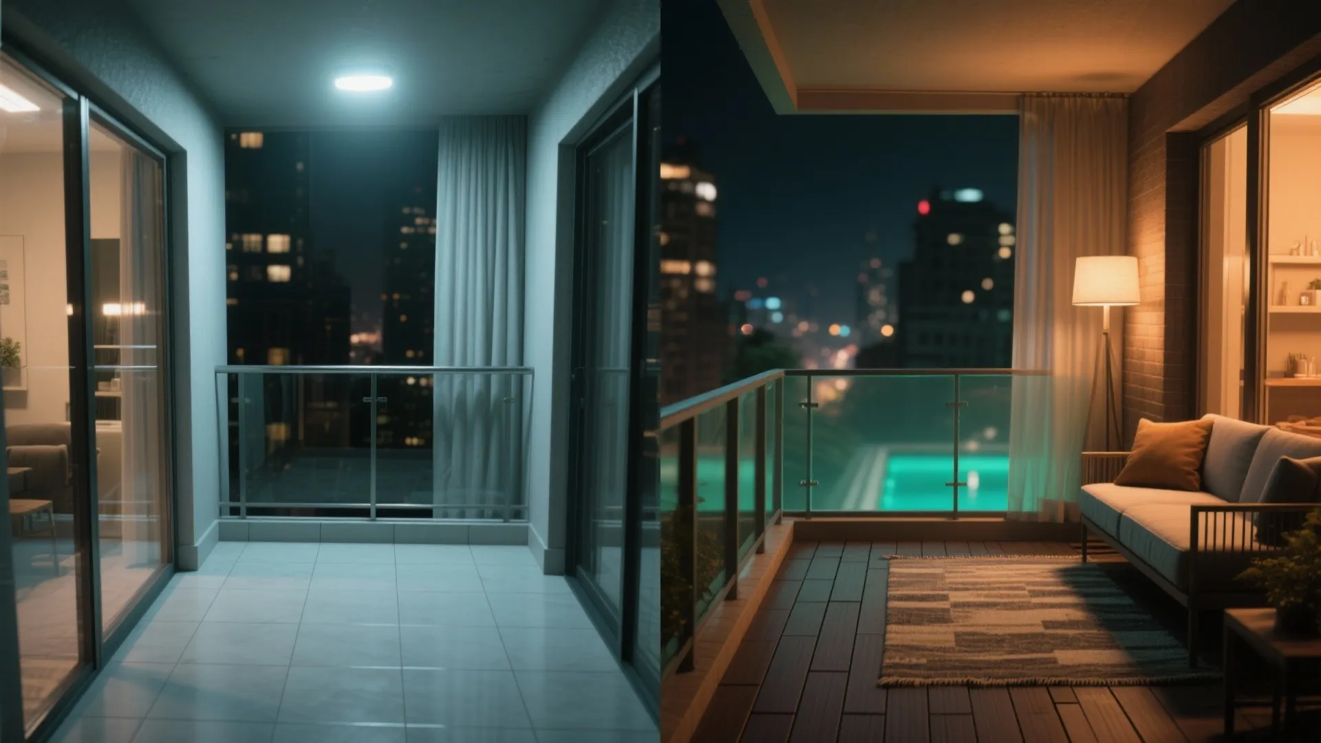 Before and after comparison showing empty cold balcony transformed into cozy outdoor space with sofa