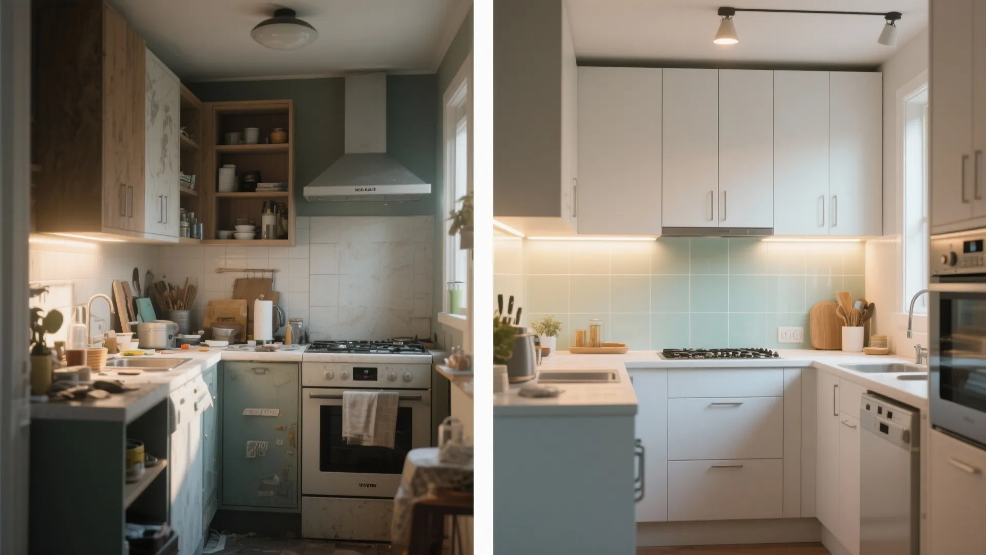 Before and after comparison showing a messy old kitchen transformed into a clean white kitchen