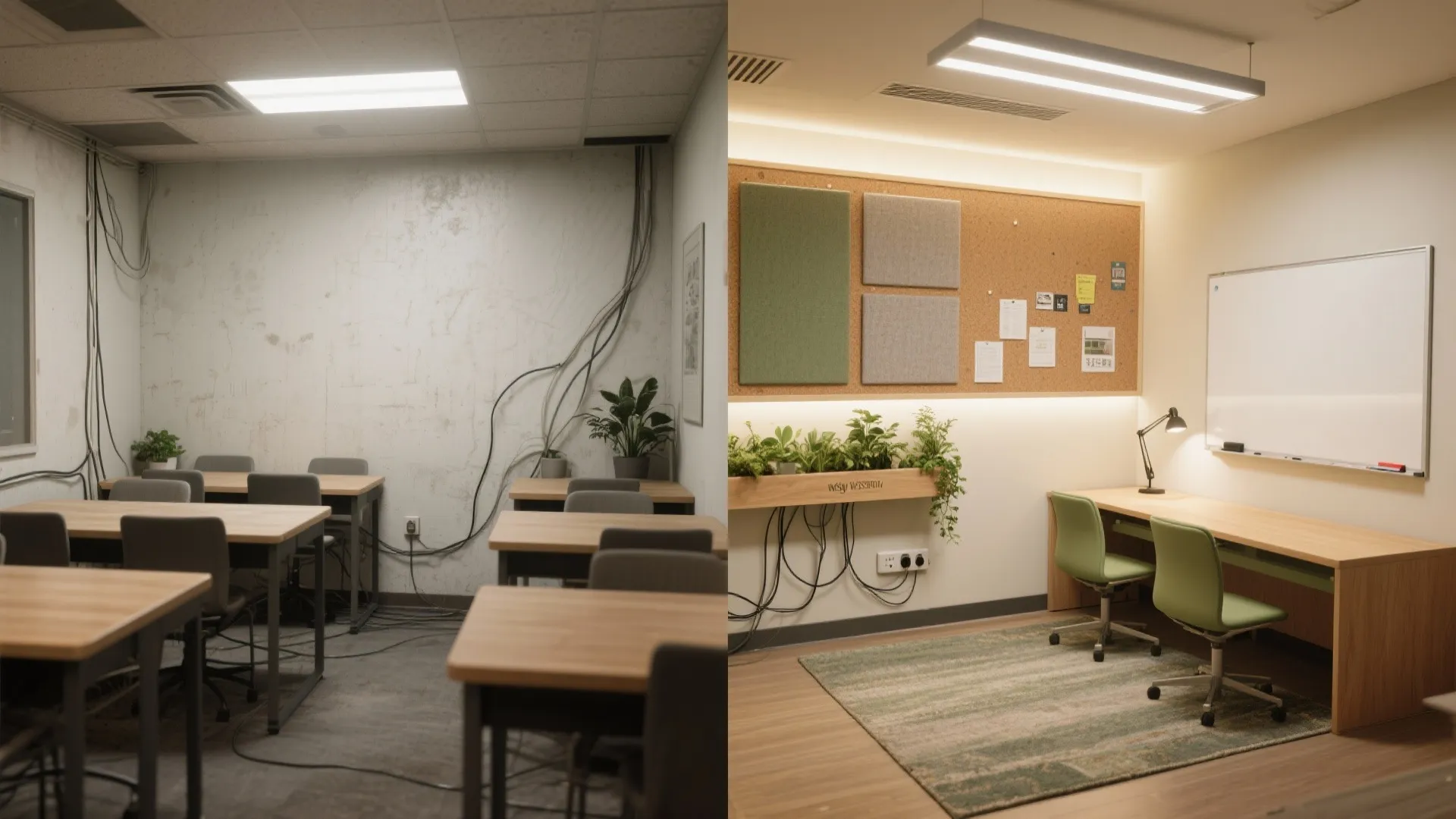 Before-and-after small study room showing glare and clutter versus calm, acoustic layers, layered lighting, and greenery.