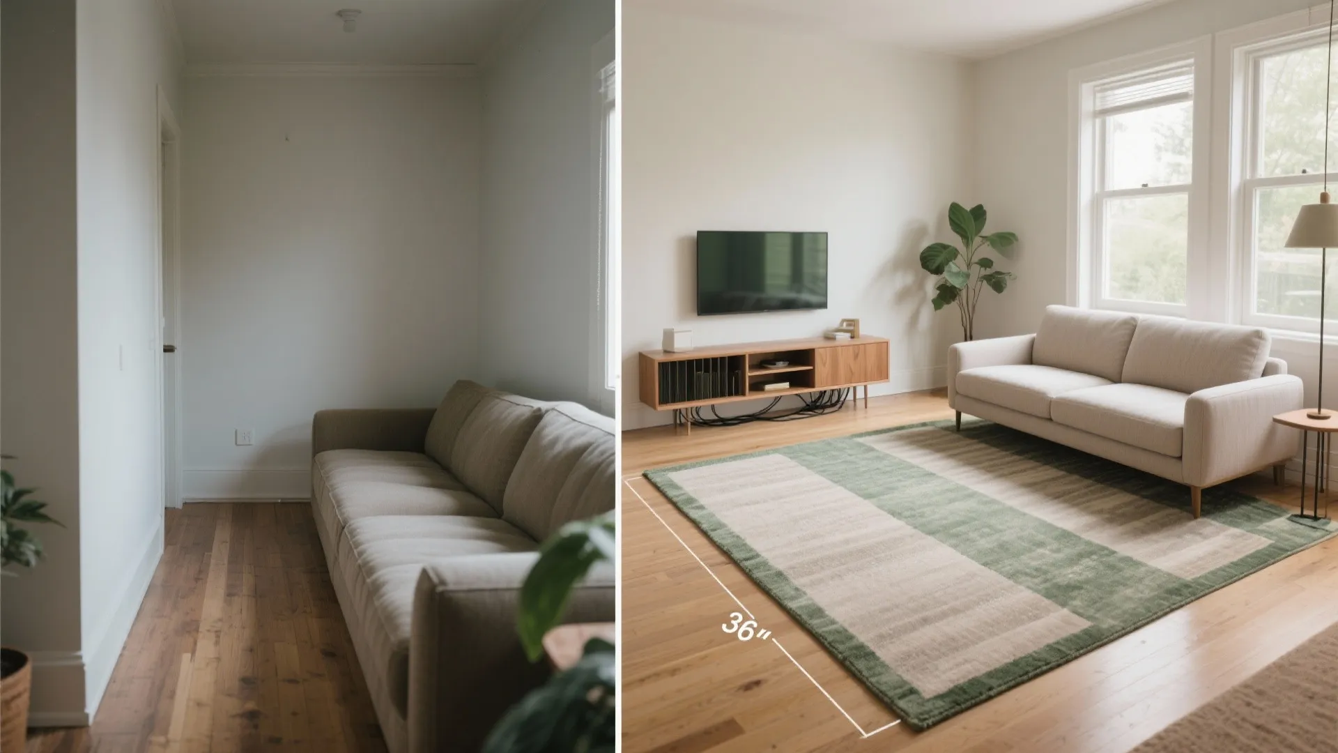 Before and after comparison of a living room showing furniture placement with a new rug