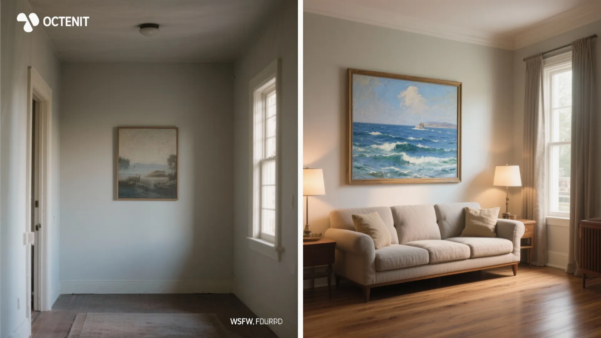 Before-and-after comparison of a small room transformed by a single well-placed Winslow Homer–style painting and improved lighting.
