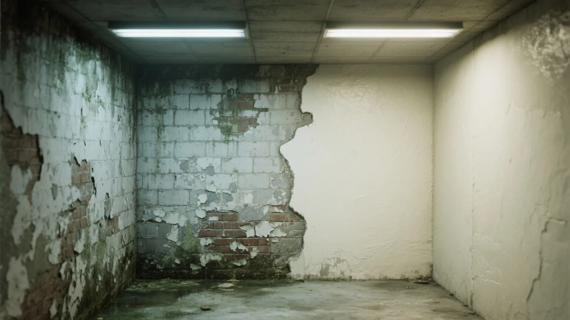 Split before-and-after of a damp basement wall showing damage and the repaired waterproof painted result.