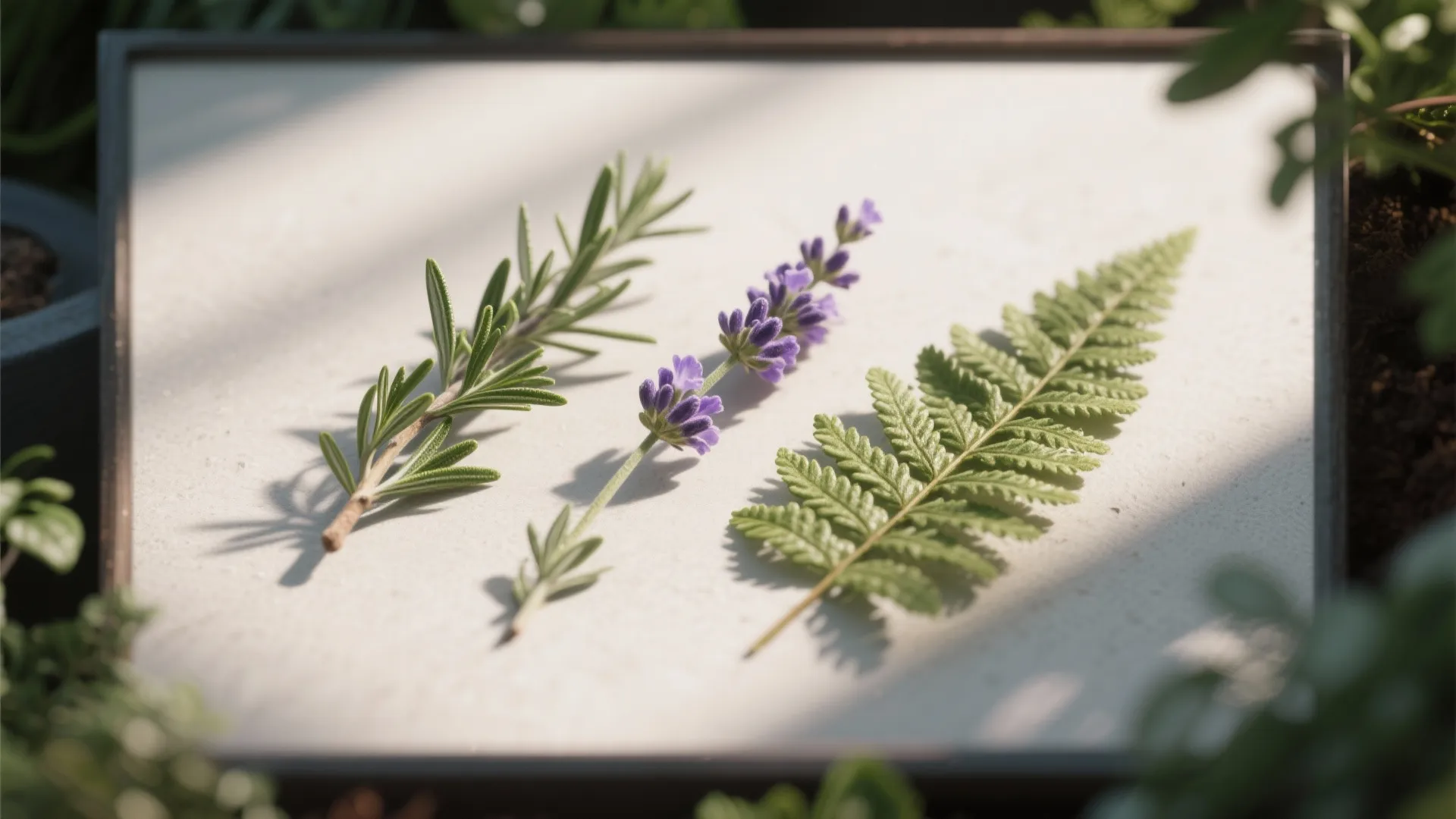 Macro details of thyme, rosemary, dwarf lavender, and fern reflecting beginner and low-light choices.