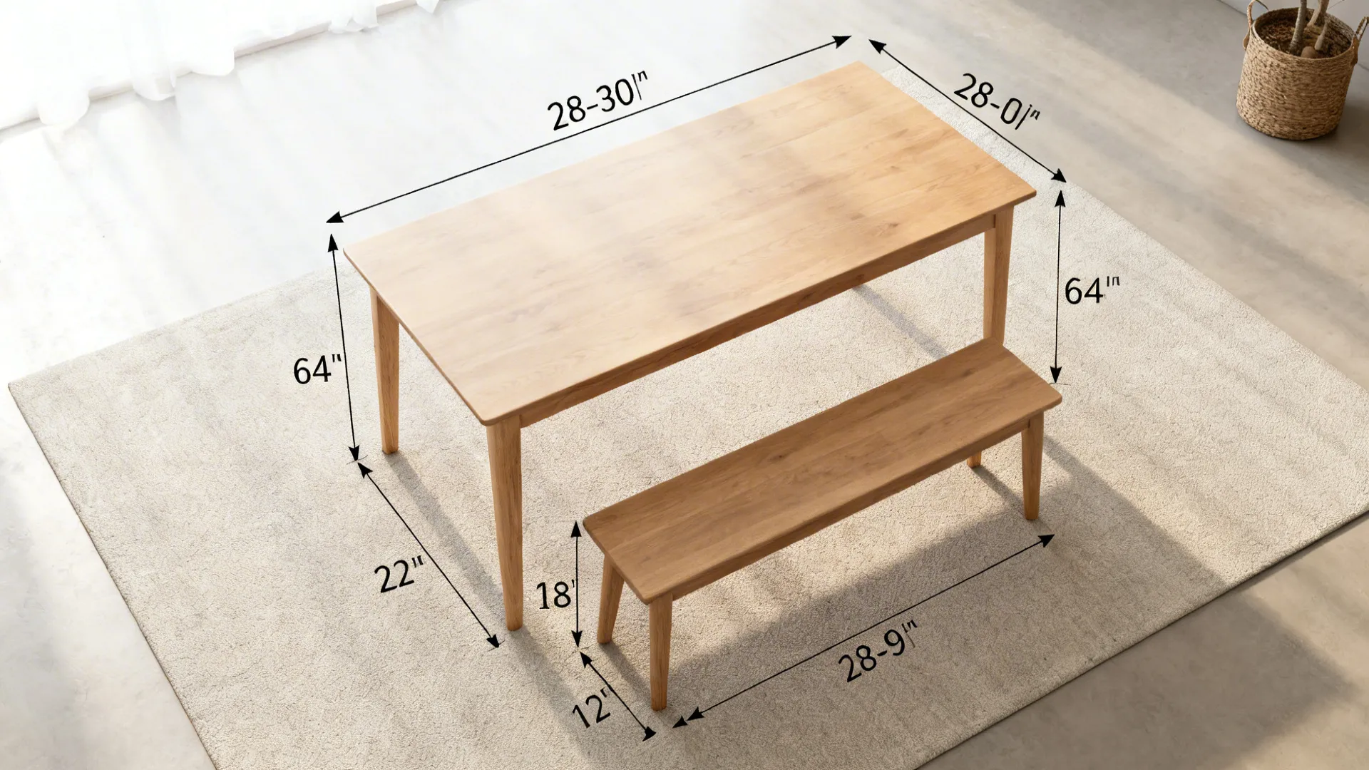 Top-down scene showing standard table and bench heights with clear seating spacing.