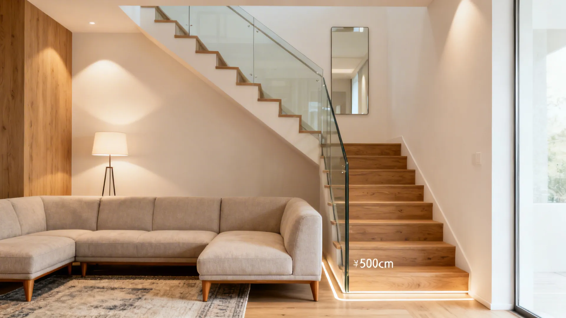 Bright living room with stairs showing L-shaped sofa, glass railing, layered lighting, and a clear walkway