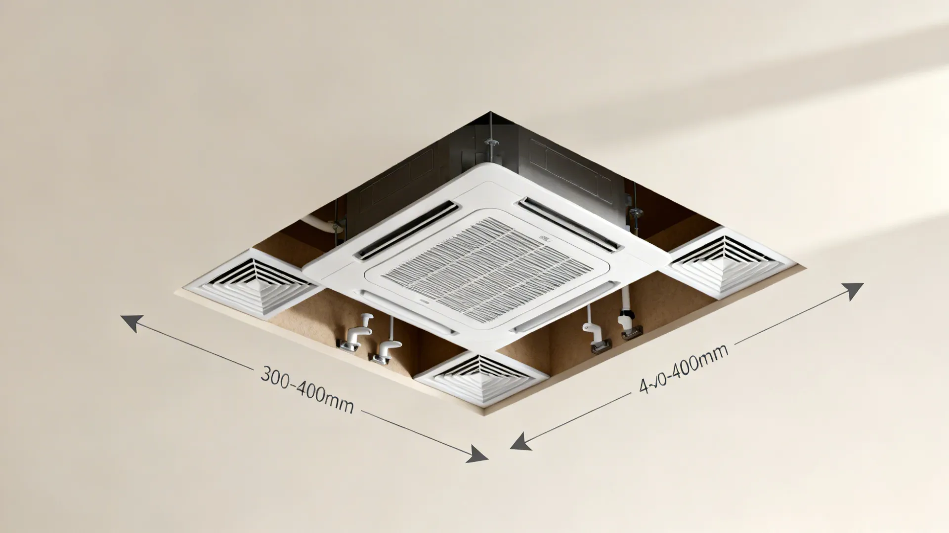 Top-down schematic showing clearances, drain slope, and service zones for cassette AC in a false ceiling.