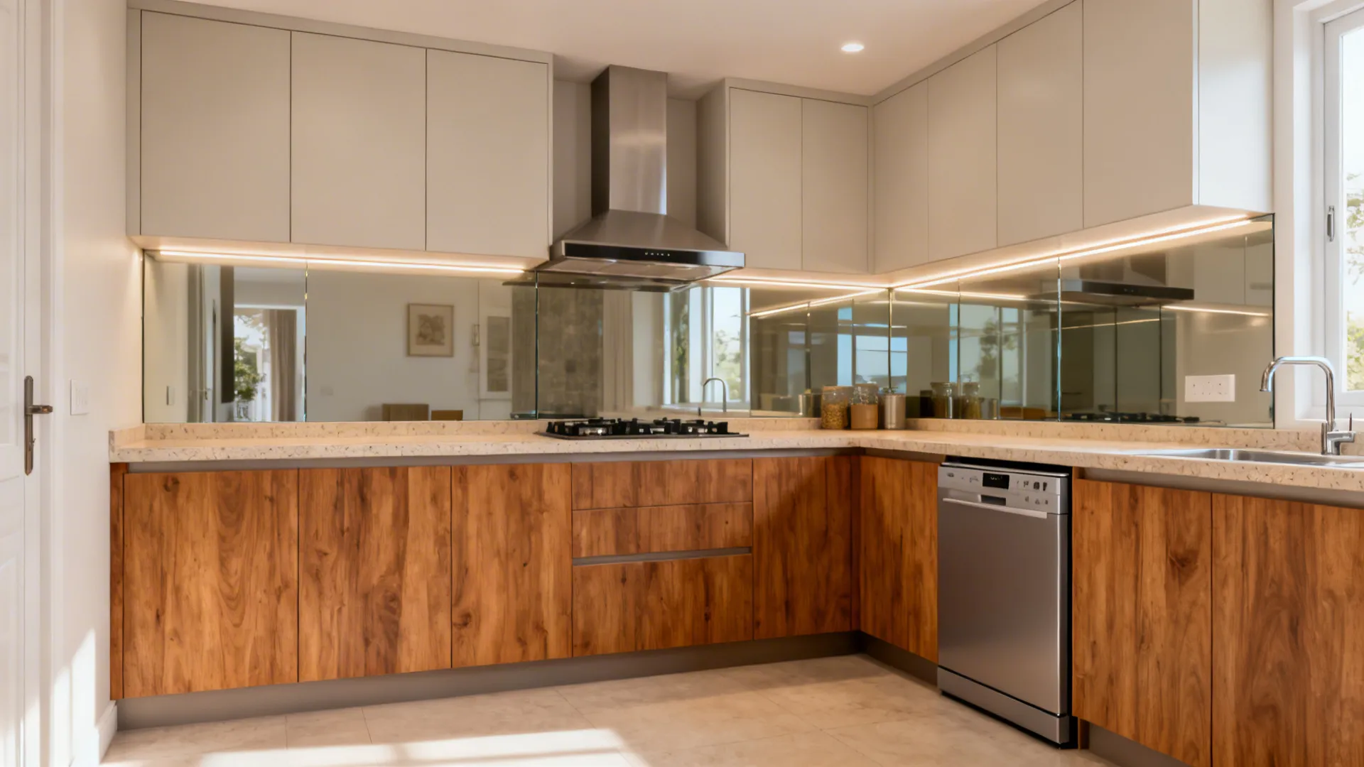 Compact kitchen showing L or parallel layout, matte uppers, warm wood lowers, and a glass backsplash with under-cabinet lights.