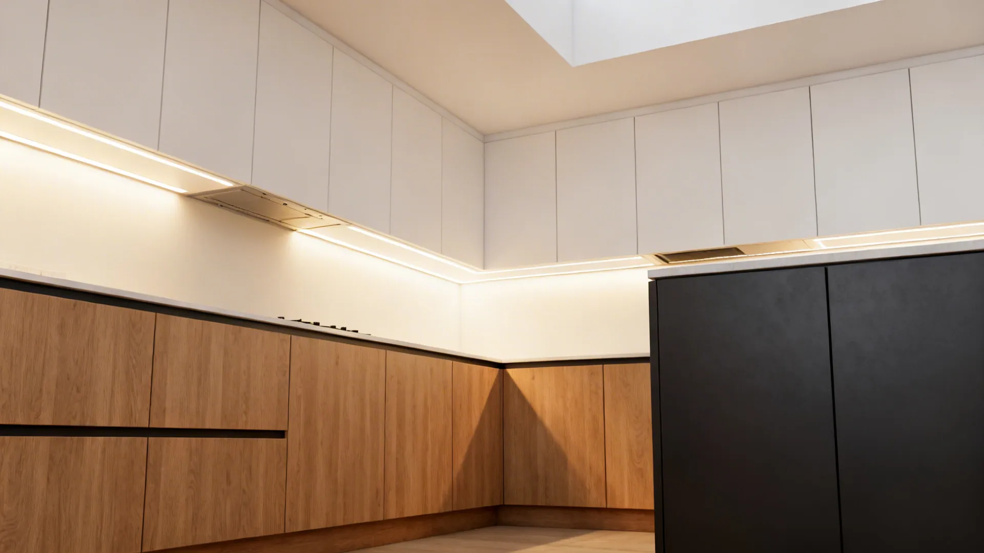 Small kitchen showing warm white uppers, wood lowers, and warm task lighting