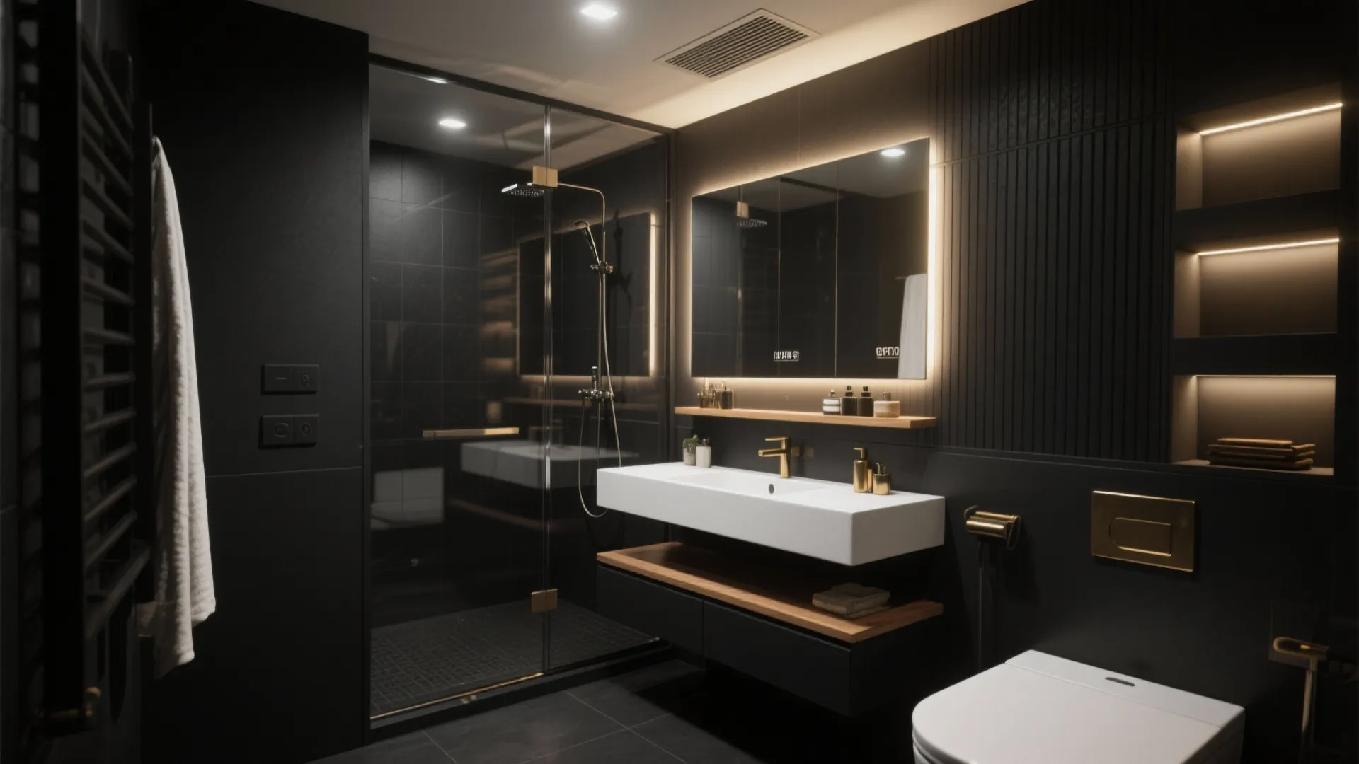Modern black bathroom design with glass shower door white sink lighted mirror and gold faucet