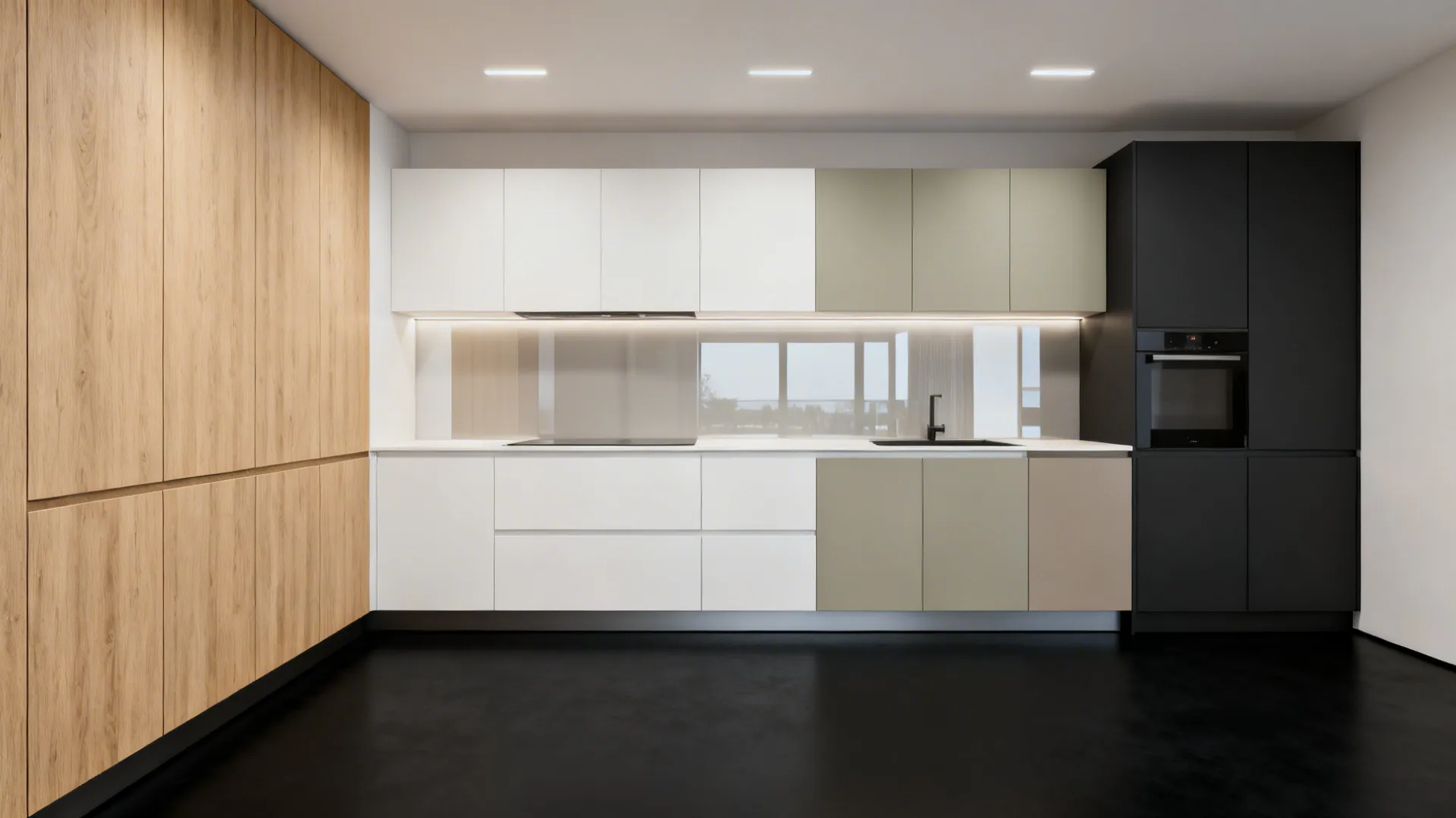 Kitchen vignette showing multiple cabinet finishes with a matte black floor and layered lighting.