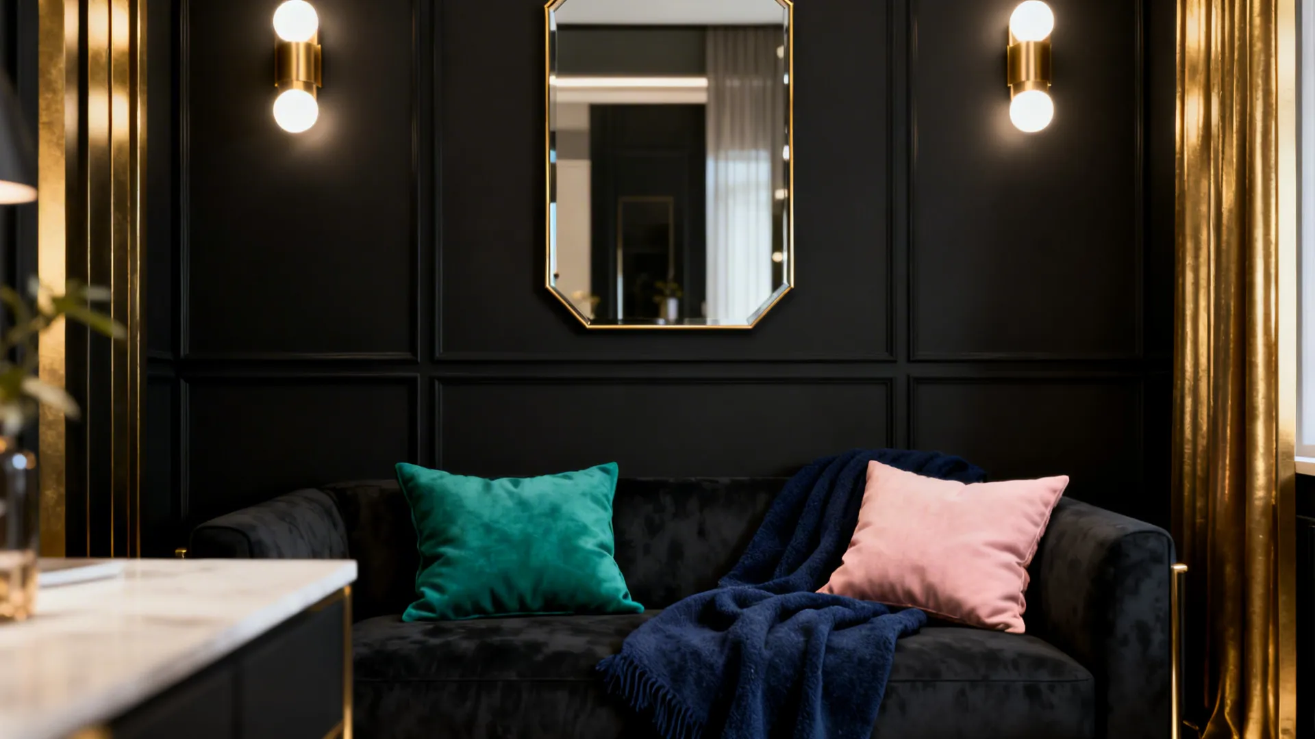 Small black-and-gold living room with accent cushions in emerald, navy, and blush illustrating pairing options.