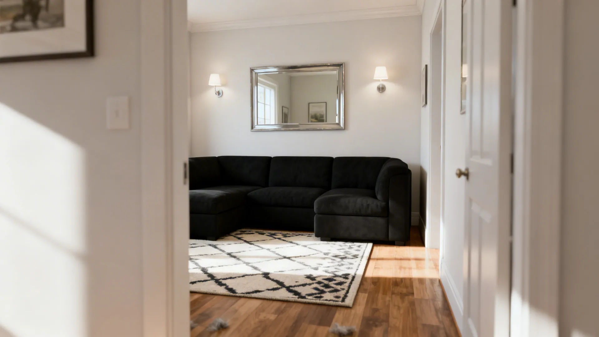 Styled small living room with a black sectional, mirror, and layered lighting illustrating FAQ answers.