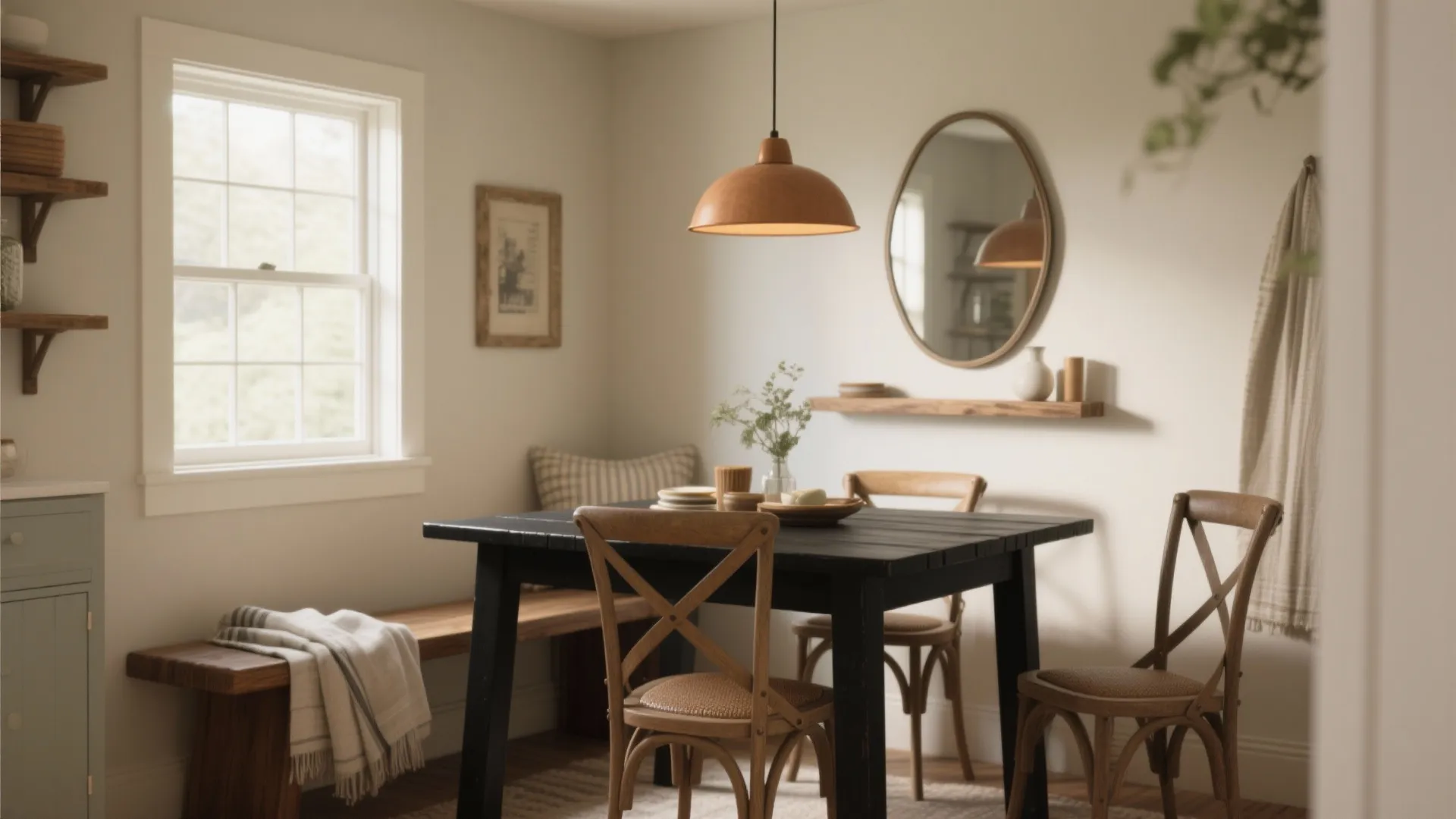 Small dining nook with a matte black farmhouse table, warm lighting, mirror and mixed seating.