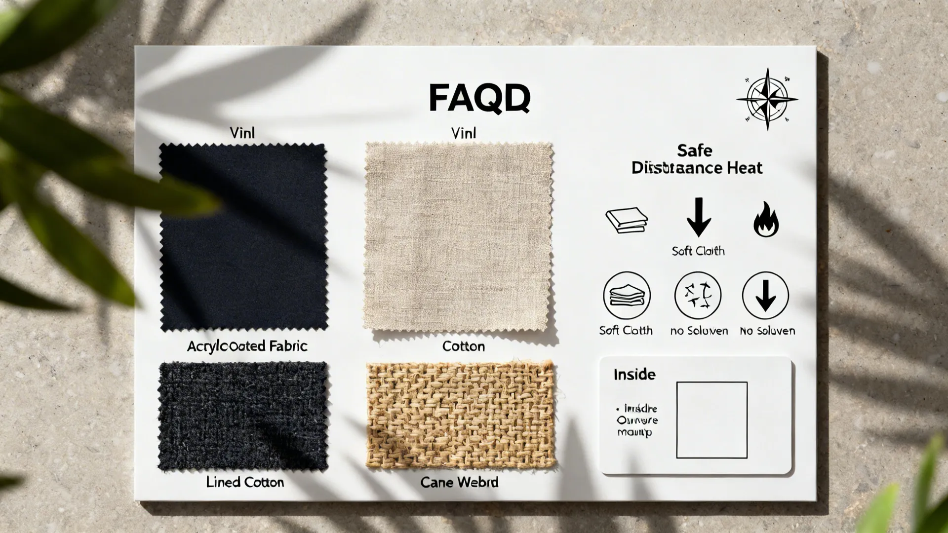 Top-down samples of blind materials with care and mounting cues for kitchen use.