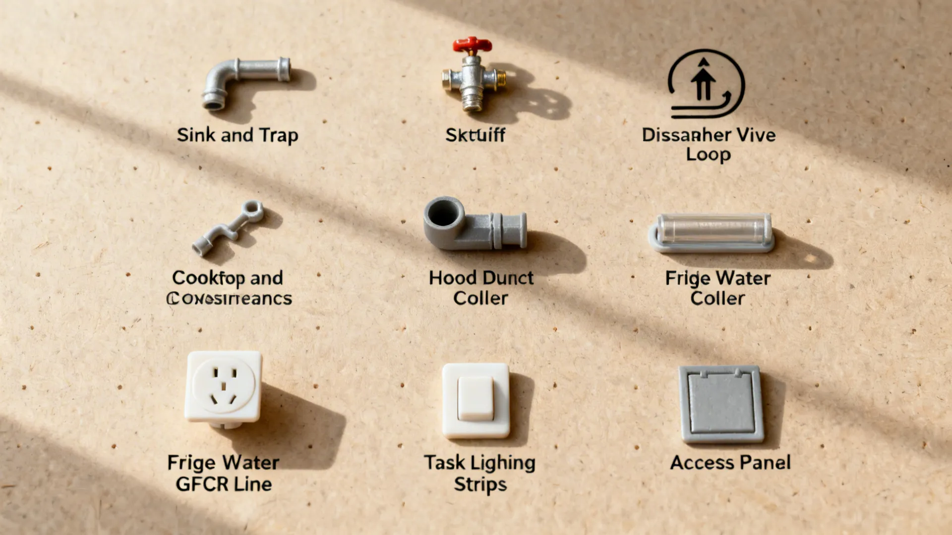 Flatlay of mini service tokens for key kitchen blocks arranged on a neat grid.