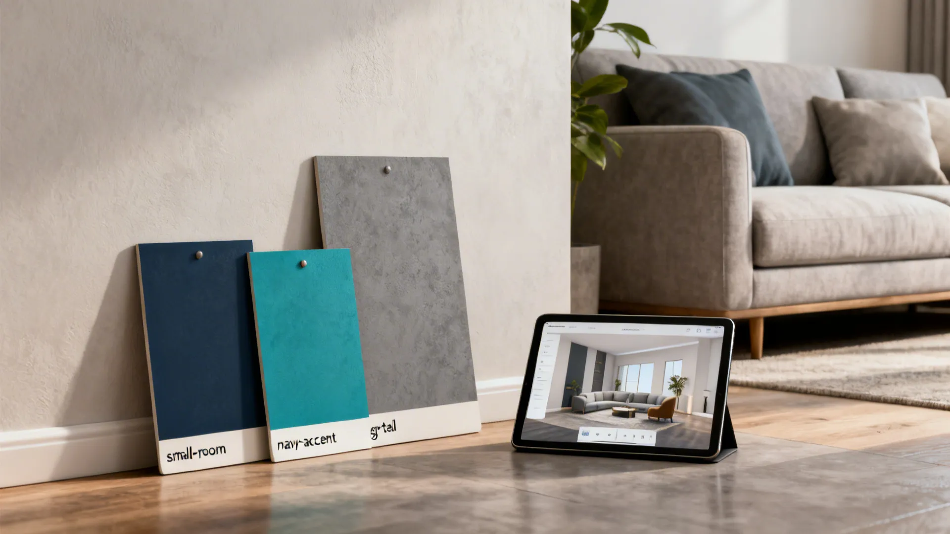 Corner vignette with paint sample boards and a tablet showing a 3D render for blue wall FAQs.
