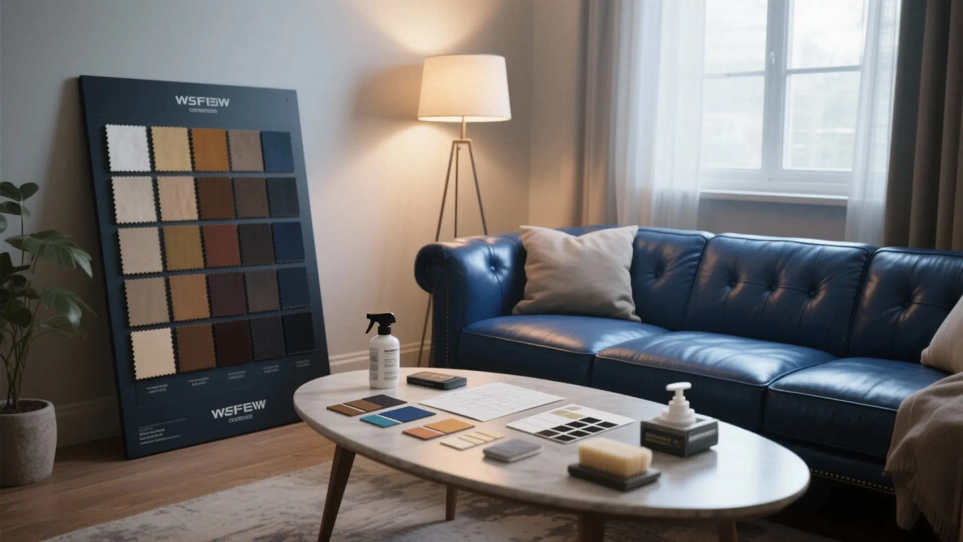 Blue leather sofa with fabric swatches board and cleaning supplies on a white marble table