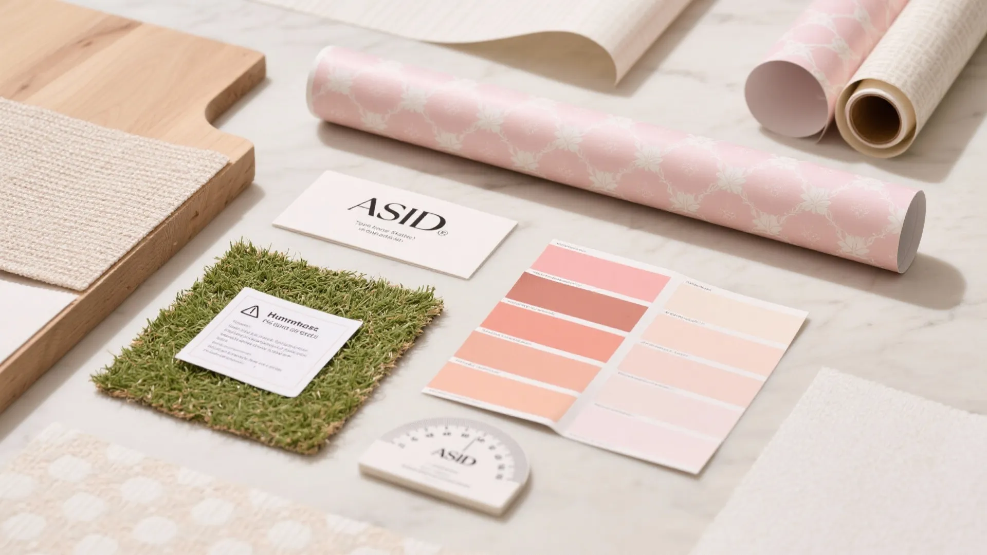 Interior design mood board with pink floral wallpaper rolls, color palette samples, and green grass