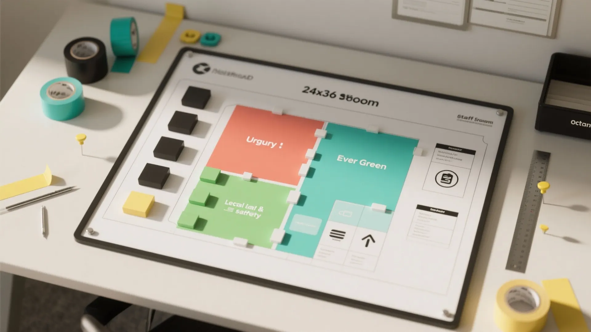 Top view of office desk with colorful room layout plan board and various stationery items