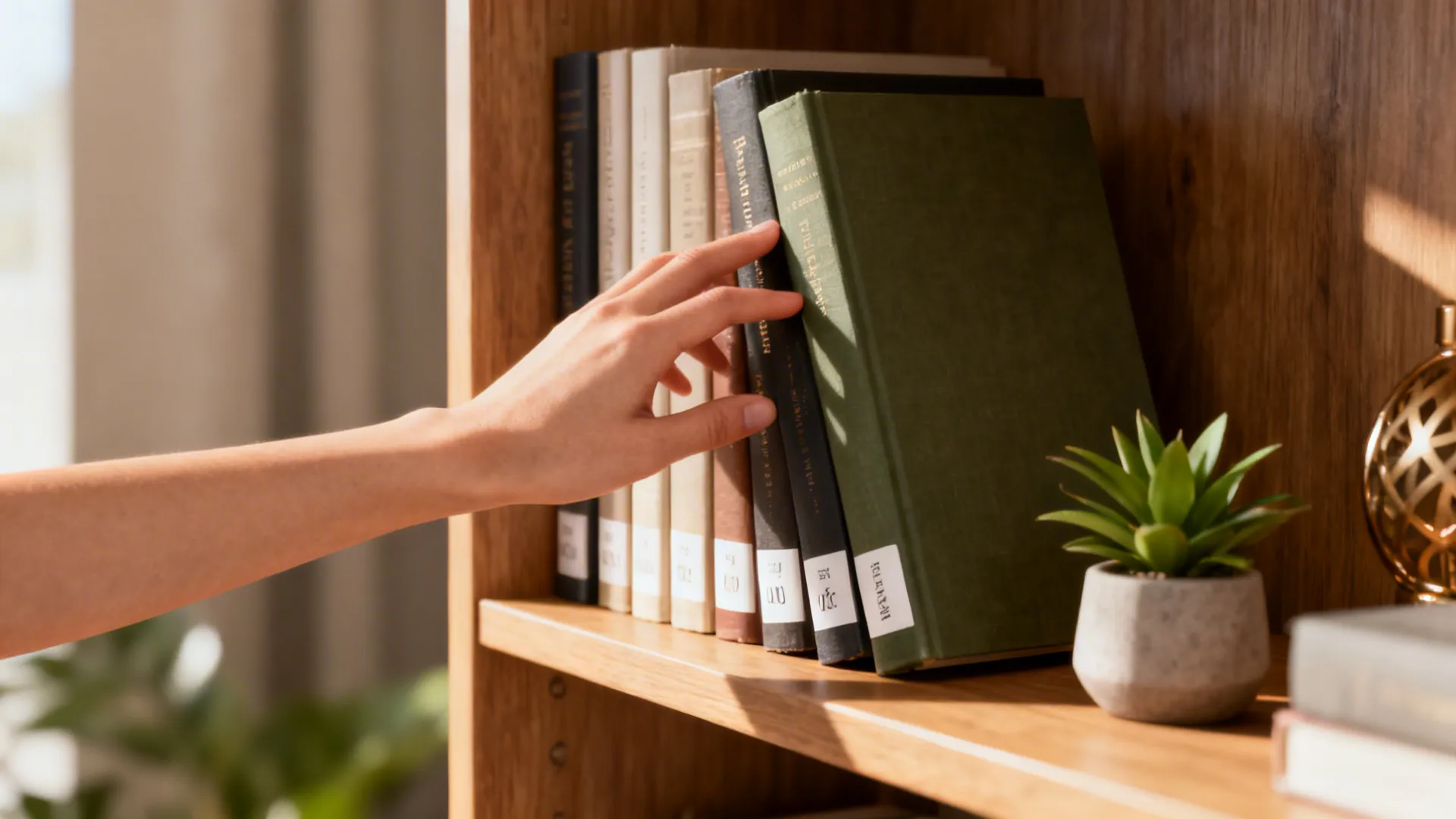 Close-up of a hand arranging a curated bookshelf corner with a plant and decor.