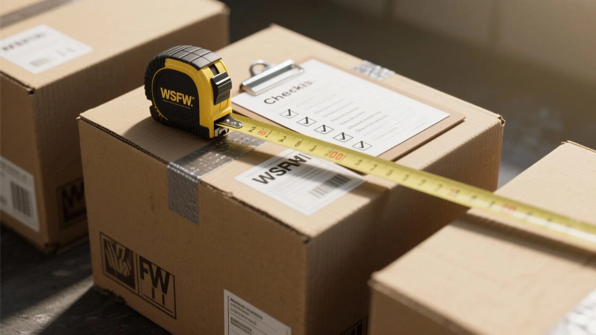Labeled moving boxes with tape measure and checklist for storage FAQs